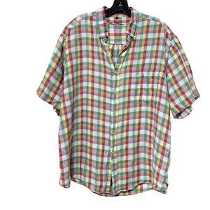 Alan Flusser Mens Large Short Sleeve Button Down Plaid 100% Linen Shirt